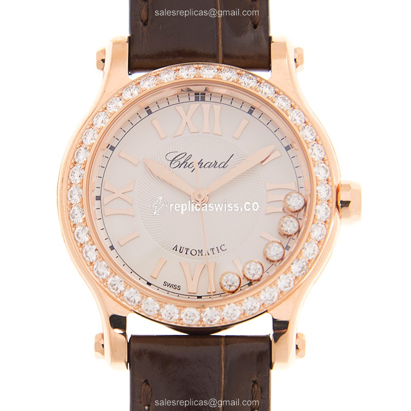 Chopard 274893-5012 Auto 18kt Rose Gold Diamonds - White Dial, Brown Alligator Strap - Luxury Chopard Watch